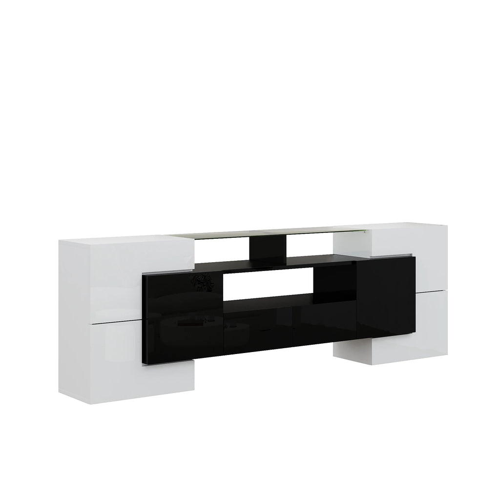Meuble TV 200x35x60 cm Blanc Haute Brillance – Surface Verre | LED | 60 kg | Design Moderne | Salon