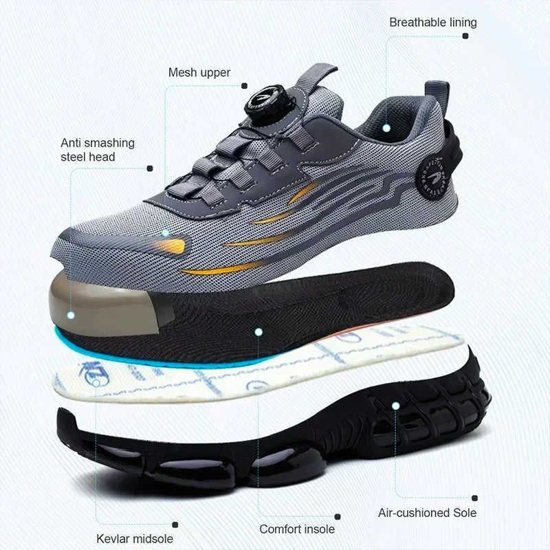 Rotary Button Safety Shoes 37-48 Size for Men, Men Women Steel Toe Cap Sneakers Lace-free Shoes Puncture-proof Anti-smash Boots