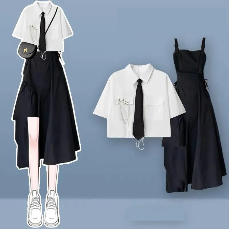 2026 Women's Summer New In Fashion Irregular Dress Matching Set Korean Elegant Short Sleeve Shirt+Strap Skirt Two Piece Suit