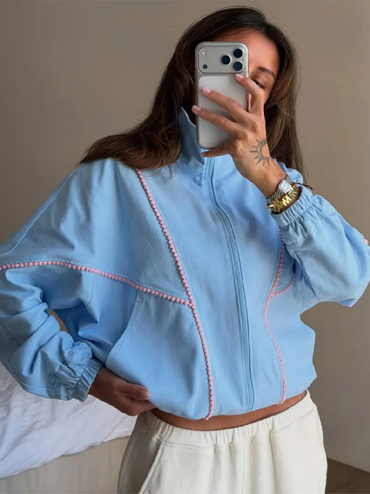 Casual Women's Denim Jacket Loose Stand Collar Long Sleeve Zipper Pocket Elastic Hem Solid Coat 2026 Autumn Lady Fashion Jackets
