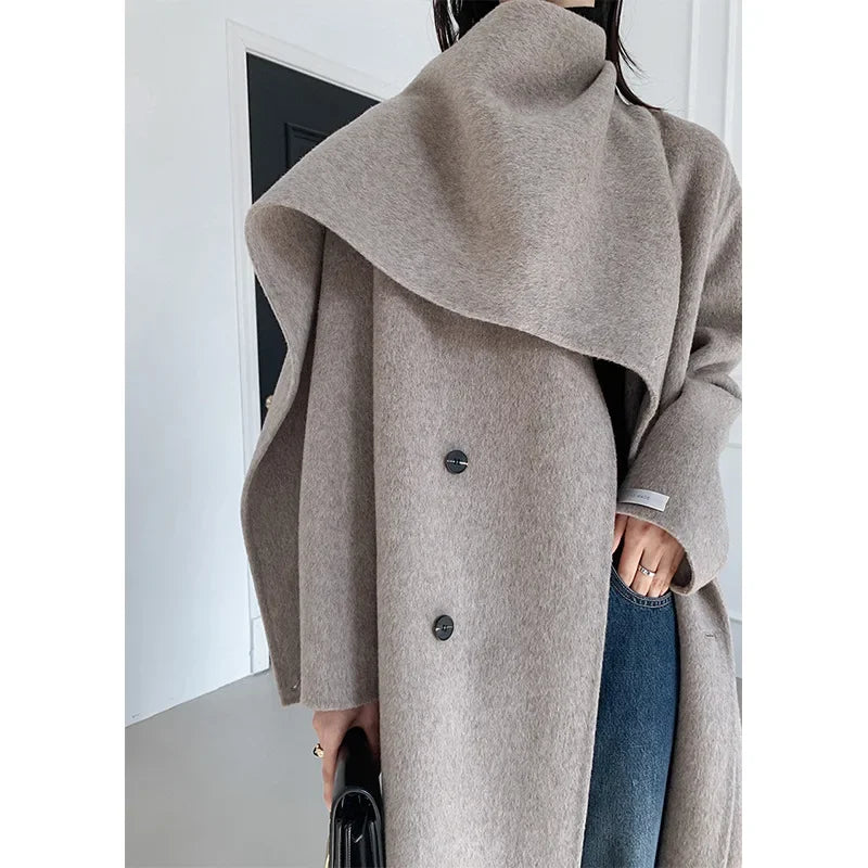 Manteau en Laine Cachemire Cousu Main – Col Écharpe, Coupe Ample, Mi-Long
