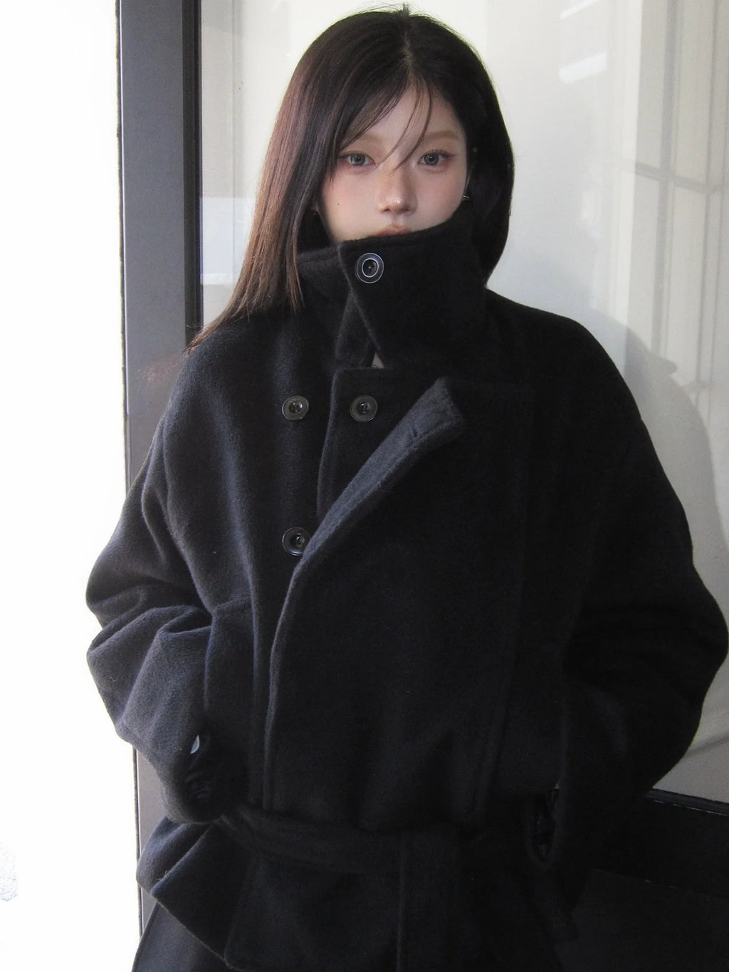 Manteau Femme Col Montant Style Rétro Japonais – Veste Laine Longue Ceinturée