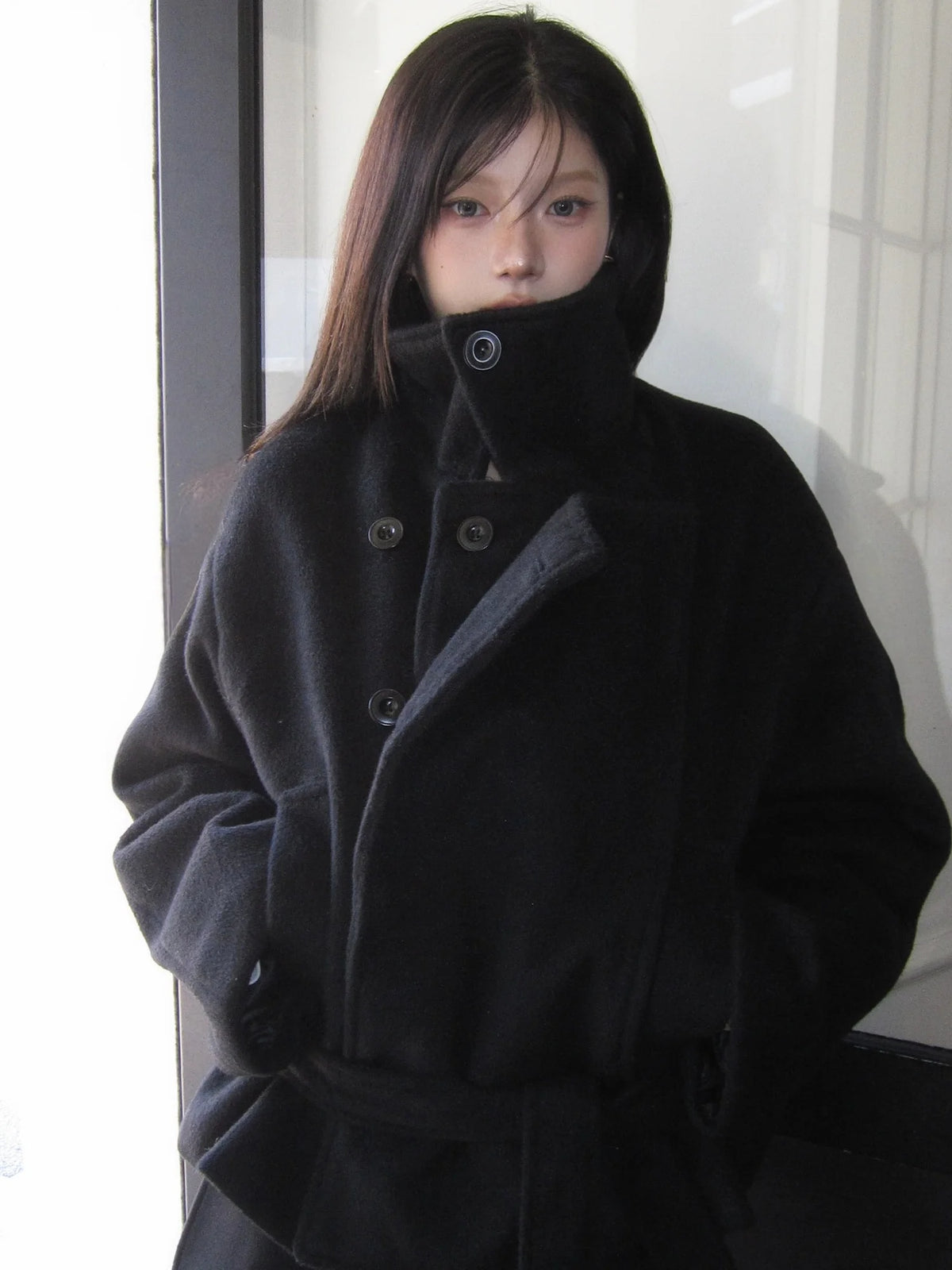 Manteau Femme Col Montant Style Rétro Japonais – Veste Laine Longue Ceinturée