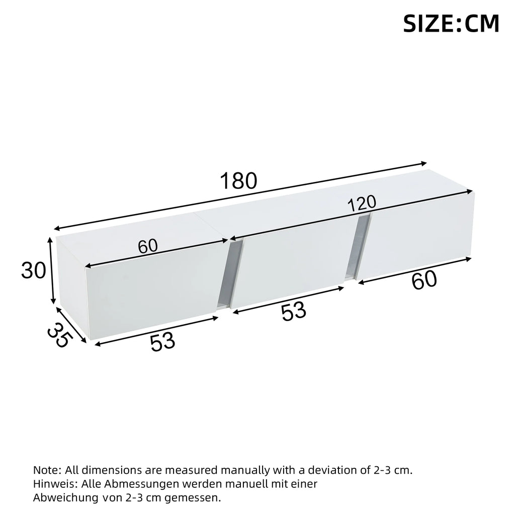 Meuble TV Mural 180x35x30 cm Blanc Haute Brillance – LED App | 3 Portes Soft-Close | Acrylique | TV 75"