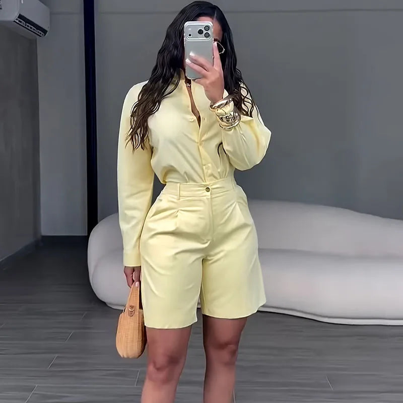Ensemble 2 Pièces Femme – Chemise Manches Longues & Short Assorti | Style Casual Élégant | Doyerl