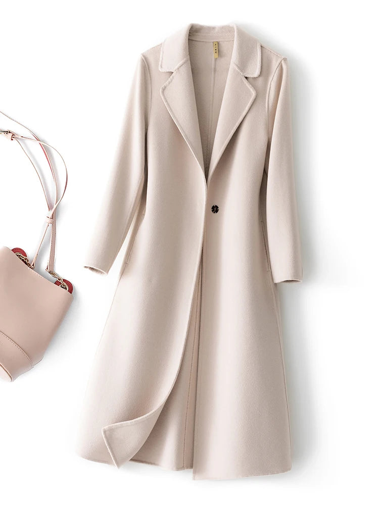 Fashionable Simple Women's Coat Autumn and Winter New One Button 100% Pure Wool Reversible Woolen Coat Long Wild Women's Top