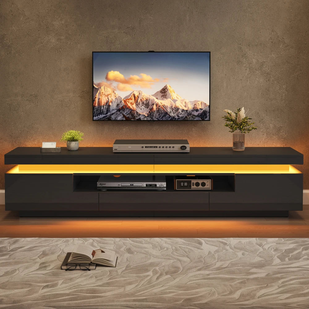 Meuble TV Haute Brillance LED 175x38x45 cm – 2 Armoires + 1 Tiroir | TV 75" | Noir ou Blanc | Salon