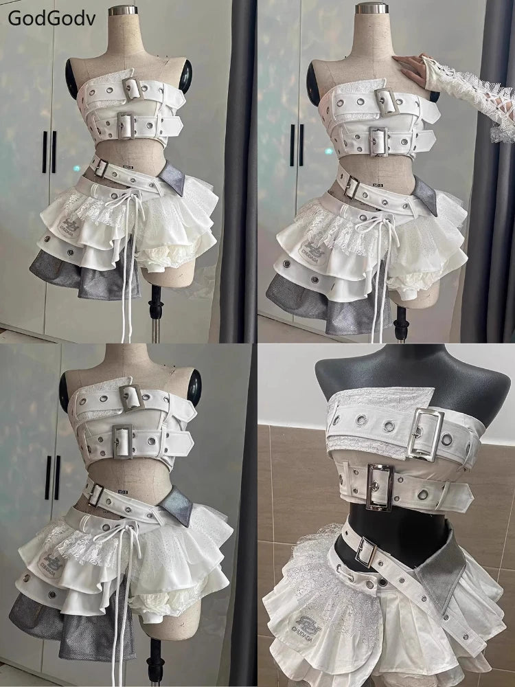 Ensemble 2 Pièces Femme Y2K Gothique – Top Bustier Sans Bretelles & Mini Jupe À Volants Taille Haute