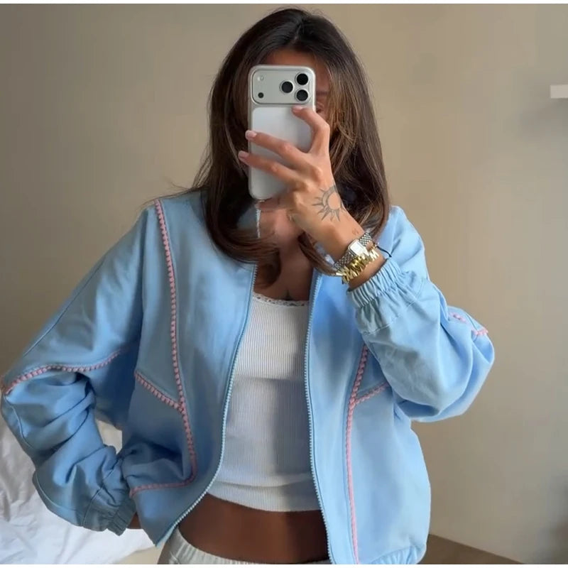 Stand Collar Zip Up Denim Bomber Jacket Elastic Cuff Long Sleeve 2026 Summer Women Outerwear Versatile Fashion Lady Chaqueta