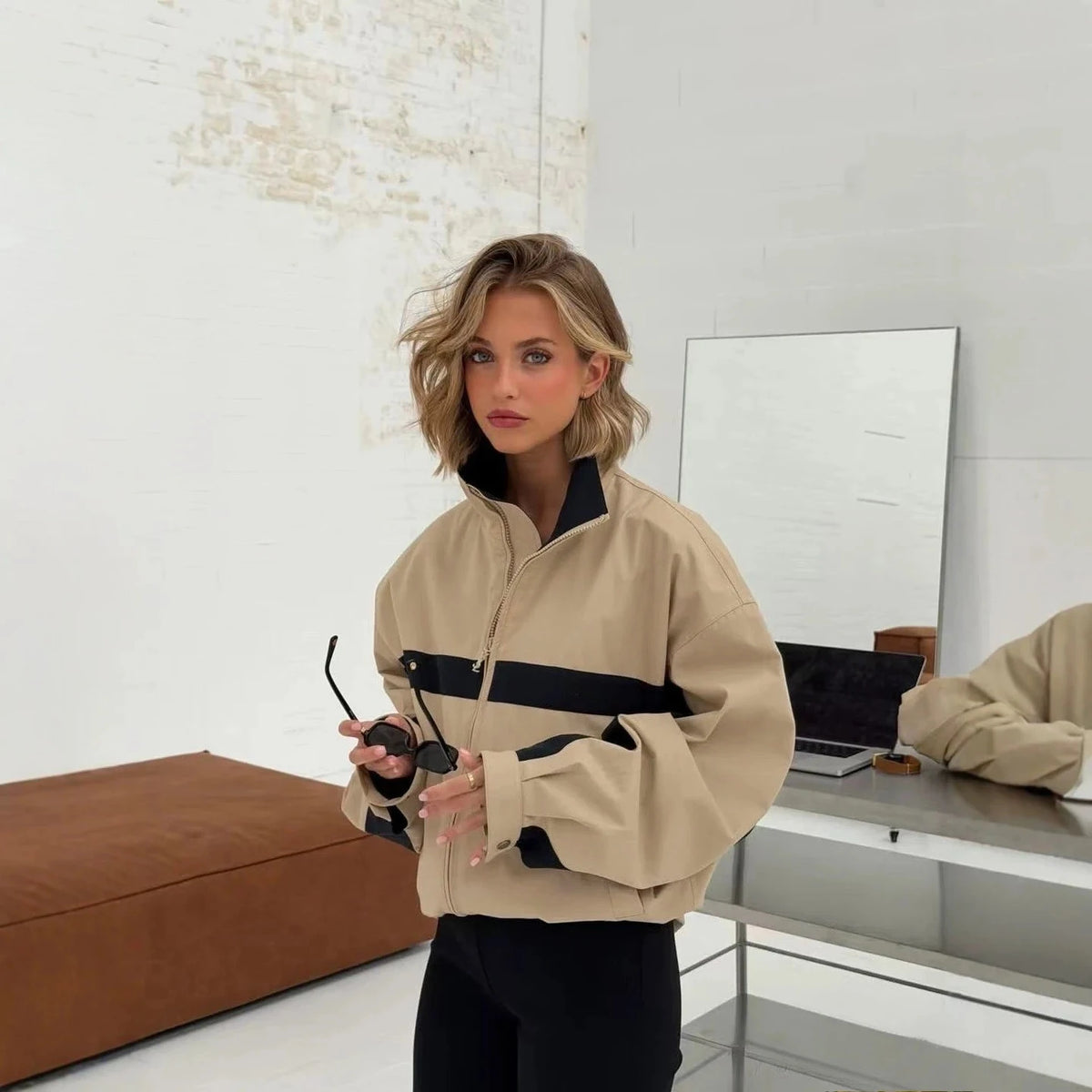 Veste Bomber Femme Suninheart Oversize Vintage – Col Montant | Fermeture Éclair | Courte | Streetwear | S-L