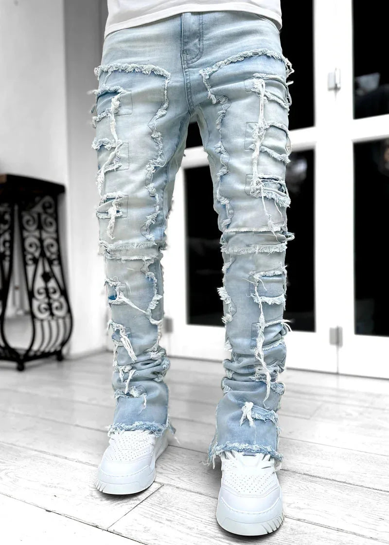 Jean Slim Stacked Homme Ripped Distressed Hip-Hop Streetwear 9 Coloris S-XXL