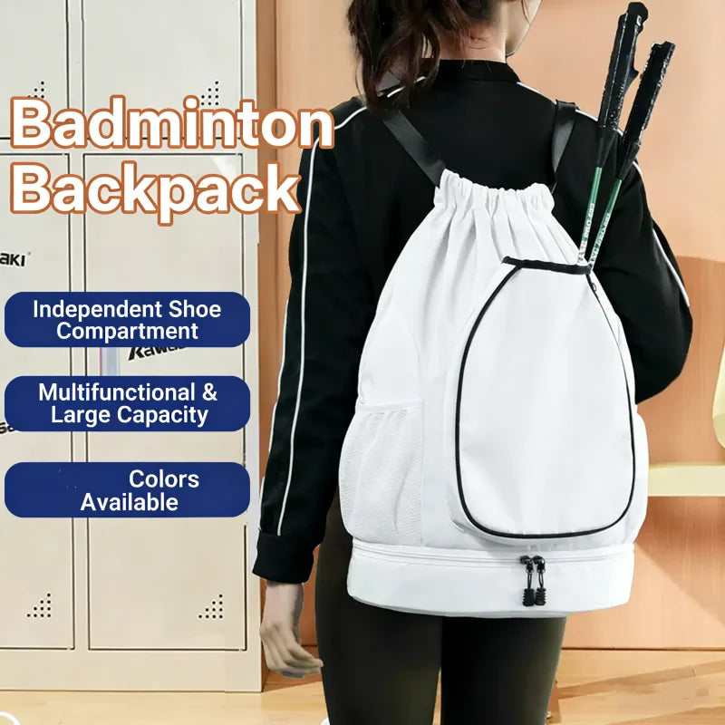 Lightweight Badminton Tennis Racket Backpack Holds 2 Rackets Drawstring Sports Bag Large Capacity With Shoes Compartment Bags