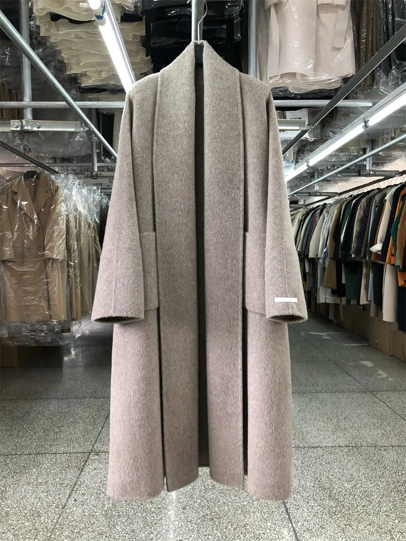 Big Collar Bademantel-Stil Doppelseitiger Kaschmirmantel für Damen Herbst Winter Lange Schöne Wollmäntel Lockere Einfache Wollmantel