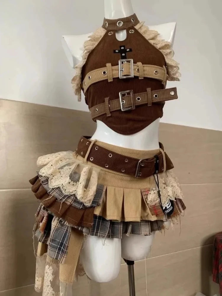 Ensemble 2 Pièces Femme Y2K Gothique – Top Bustier Sans Bretelles & Mini Jupe À Volants Taille Haute