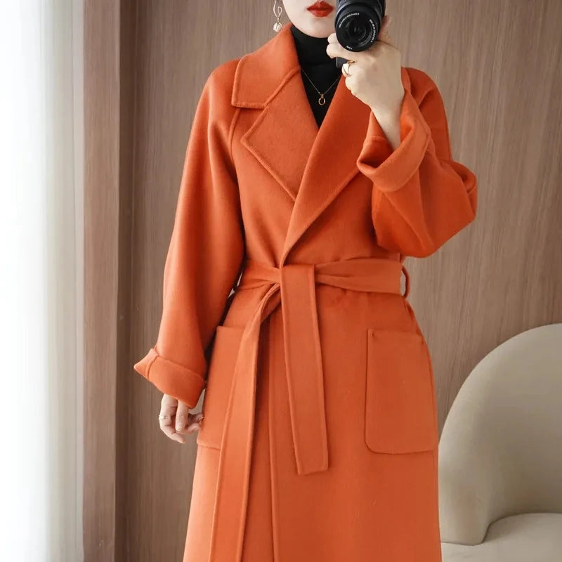 LANMREM Popular 2025 High End Water Ripple Double-sided Wool Coat Women Long Bathrobe Style Autumn Winter Coat For Female 2A462