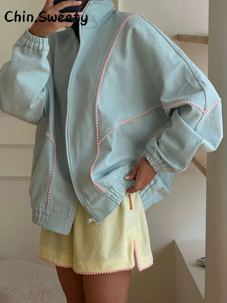 Casual Women's Denim Jacket Loose Stand Collar Long Sleeve Zipper Pocket Elastic Hem Solid Coat 2026 Autumn Lady Fashion Jackets