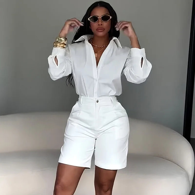 Ensemble 2 Pièces Femme – Chemise Manches Longues & Short Assorti | Style Casual Élégant | Doyerl
