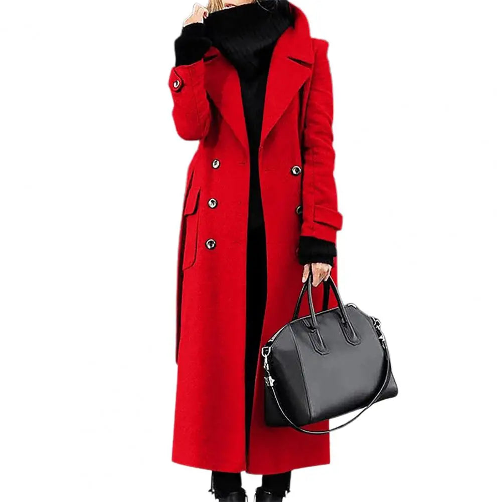 Manteau Long Femme Double Boutonnage – Col Rabattu, Coupe Slim, Poches