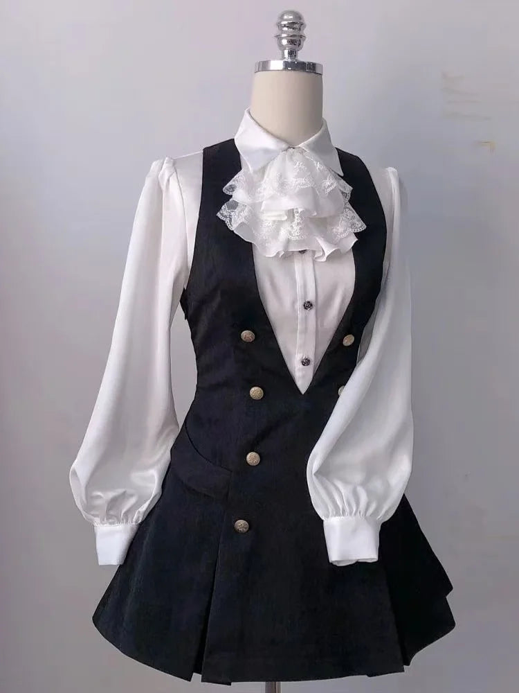 Ensemble 3 Pièces Harajuku Rétro Chic – Chemise à Manches Bouffantes, Gilet & Mini Jupe Femme