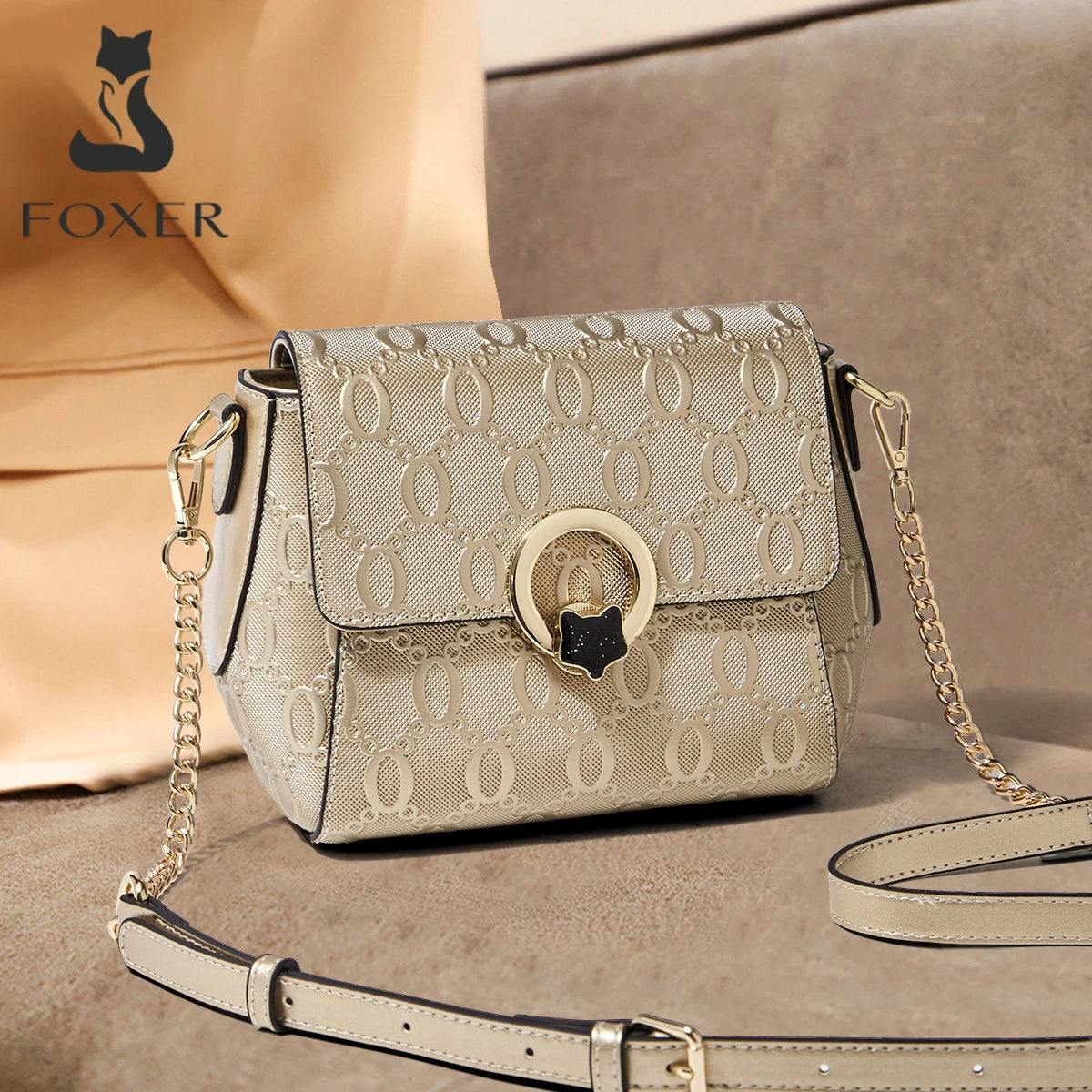 FOXER Luxury Brand Women's Shoulder Bag Cowhide Leather Gold Elegant Female Flap Bag 2026 Fashion Lady Crossbody Bag Purse