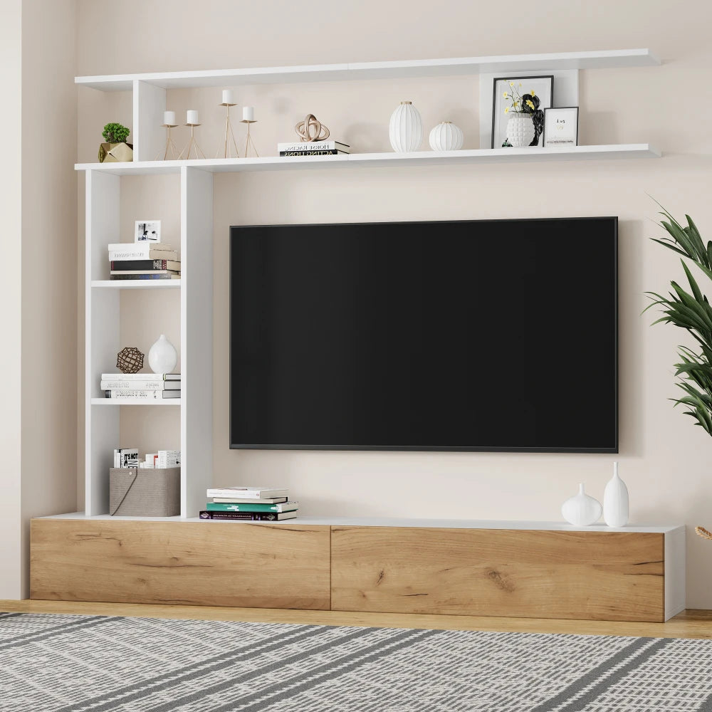 Ensemble Mural TV 3 Pièces 180x35x22,5 cm – Meuble TV + Étagère Verticale + Étagère Horizontale | Blanc & Chêne