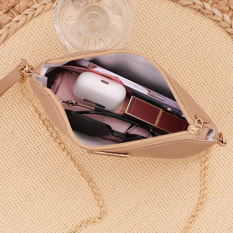 Chain Strap Women's Crossbody Bags For Travel/Vacation, Summer Straw Shoulder Bag With Wrist Strap, Ladies Handbags And Purses