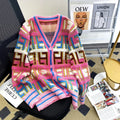 Rainbow V-Neck Knit Sweater Autumn Winter Japanese Retro Color Block Open Cardigan Women's Design Sensation Niche Soft Outerwear