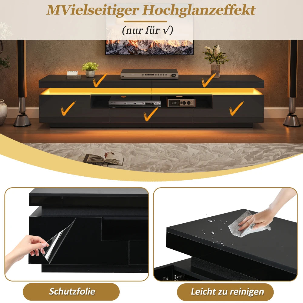 Meuble TV Haute Brillance LED 175x38x45 cm – 2 Armoires + 1 Tiroir | TV 75" | Noir ou Blanc | Salon