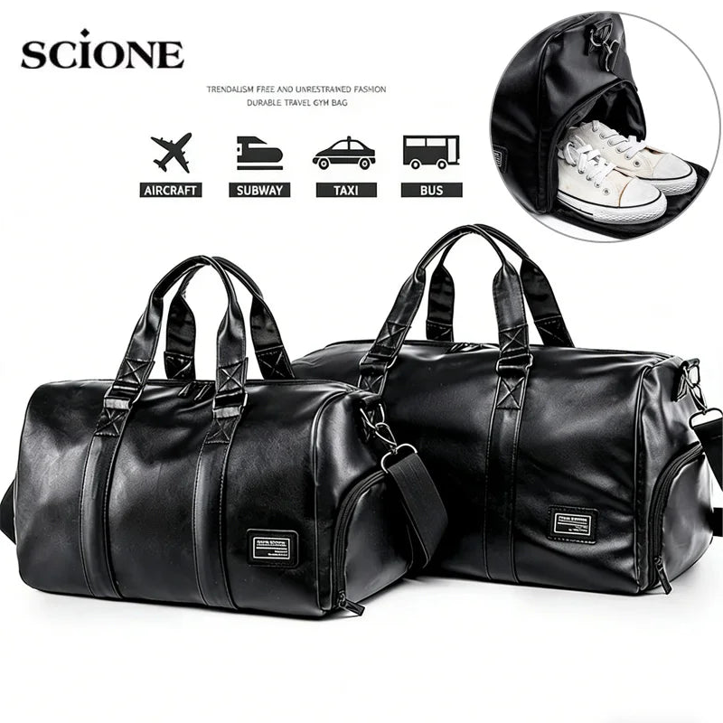 PU Fitness Gym Bag Handbag Men Leisure Sports Shoulder Crossbody Large Swimming with Shoe Pocket Dry Wet Travel Workout Duffel