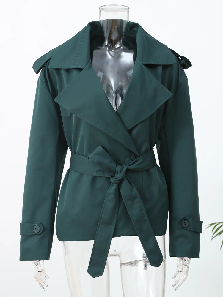 Solid Lace Up Short Windbreaker Women Elegant Full Sleeve Button Loose Chic Trench Coat New Office Lady Daily Commute Outwear