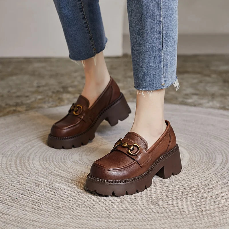 Damenschuhe Pumps Loafers mit klobigem Blockabsatz – Echtes Leder, runde Zehenpartie, Frühling/Herbst