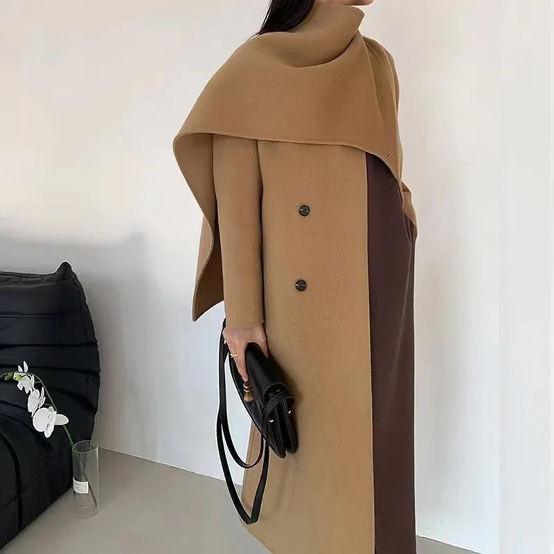 Manteau en Laine Cachemire Cousu Main – Col Écharpe, Coupe Ample, Mi-Long