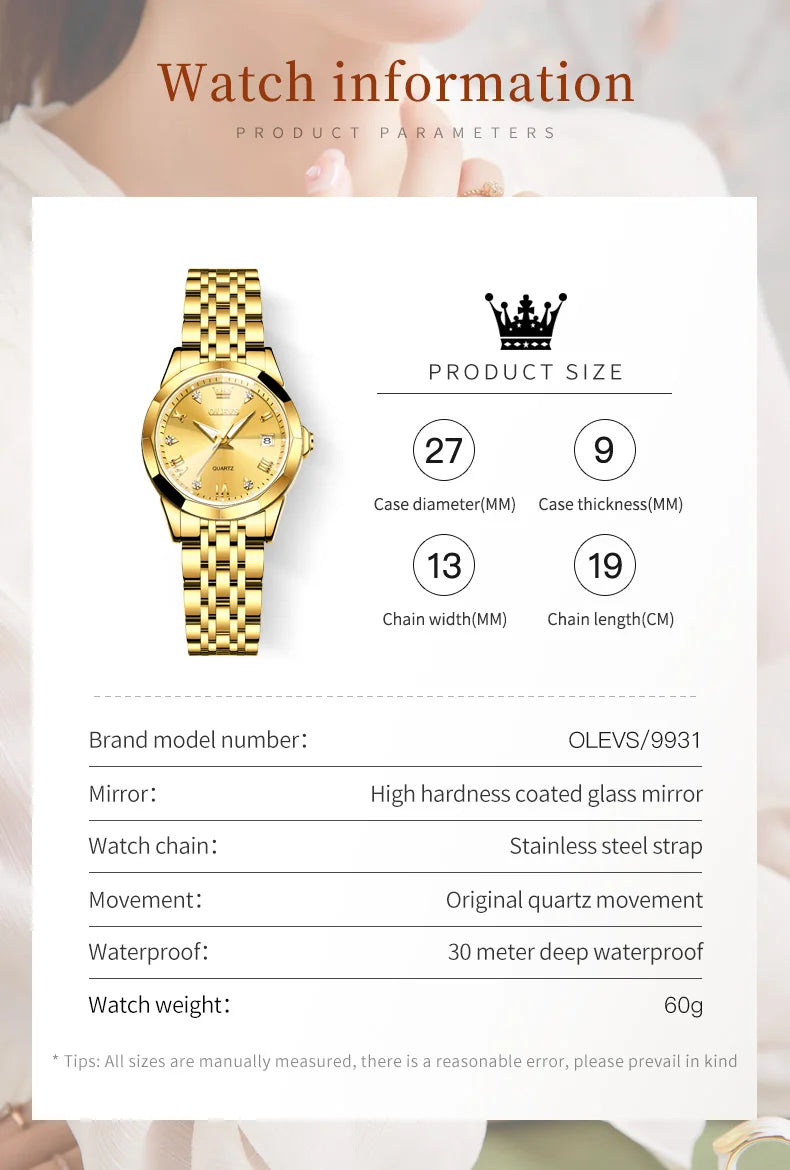 OLEVS 9931 Women's Watch Waterproof Luxury Diamond Quartz Watch For Women Roman Scale Calendar Luminous Elegant Woman Wristwatch