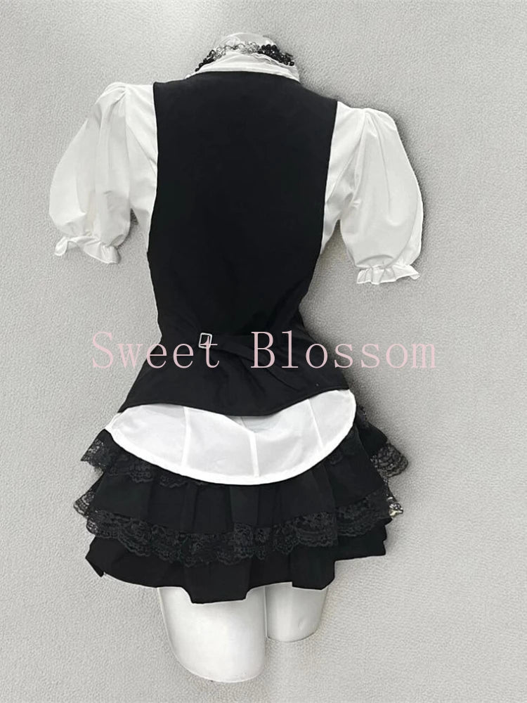 Ensemble 3 Pièces Harajuku Rétro Chic – Chemise à Manches Bouffantes, Gilet & Mini Jupe Femme