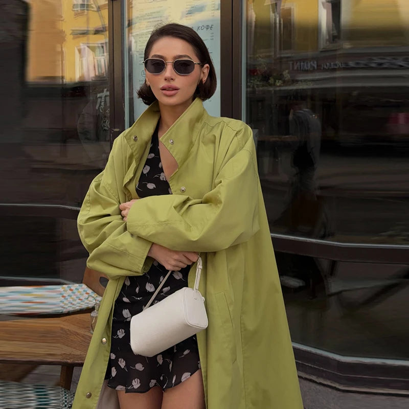 Button Front Women's Coat Stand Collar Long Trench Coat Solid Loose Trench Coat Daily Fashion Commuter Wear 2026 Collection