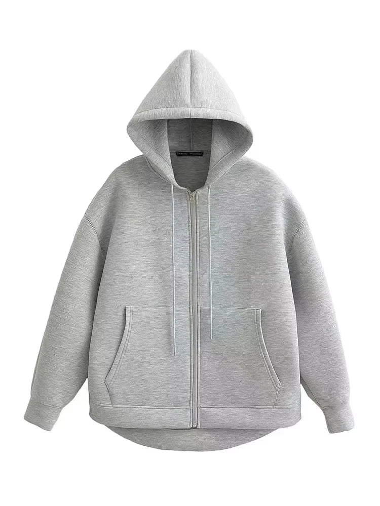 Veste à Capuche Zippée Oversize Femme – Poches Doubles, Style Streetwear