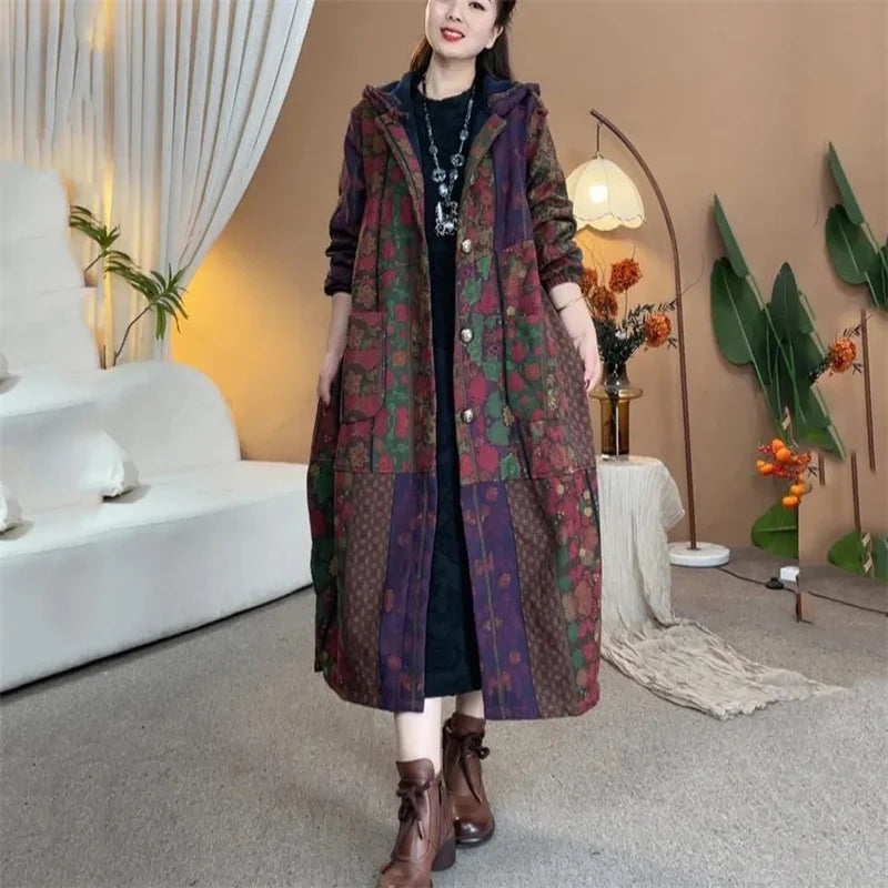 Women's Trench Coat Cotton Linen Hooded Loose Long Thick Autumn Winter Plus Velvet Windbreaker 2026 New Warm Printed Outerwear