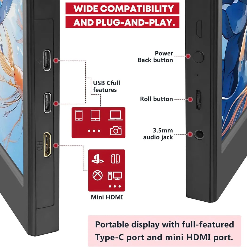Écran Portable AHXJKA 15,6" IPS FHD – HDR10 | AMD FreeSync | 60Hz | USB-C & HDMI | Haut-Parleurs | Noir