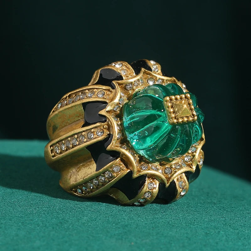 Bague Vintage Résine Verte Citrouille – Bijou Cocktail Doré pour Femme
