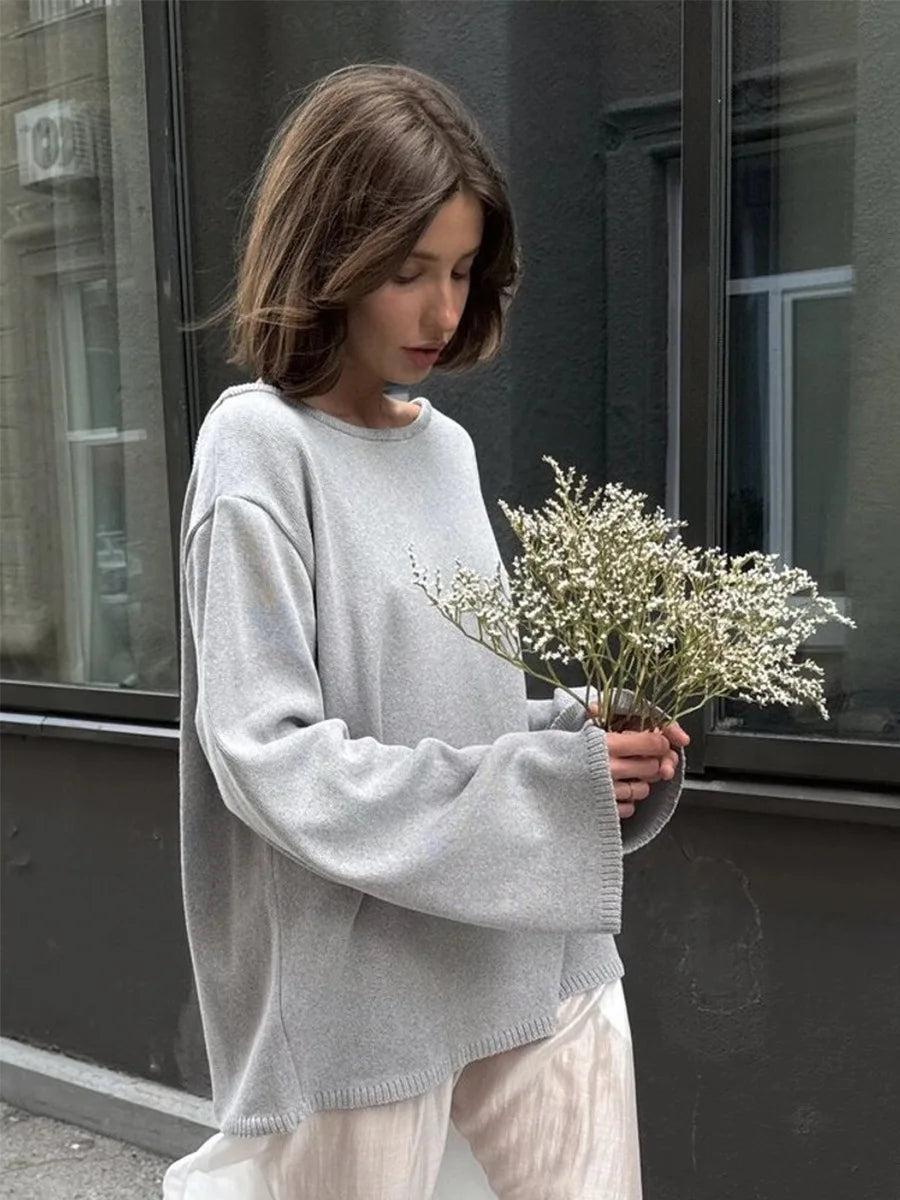 Pull Femme Coton Tricoté Dos Nu – Col Rond Loose Chaud Automne Hiver
