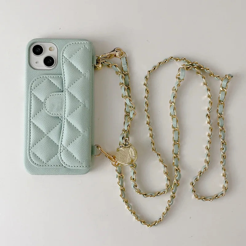 Coque iPhone Cuir PU Texture Litchi – Portefeuille, Bandoulière & Porte-Carte