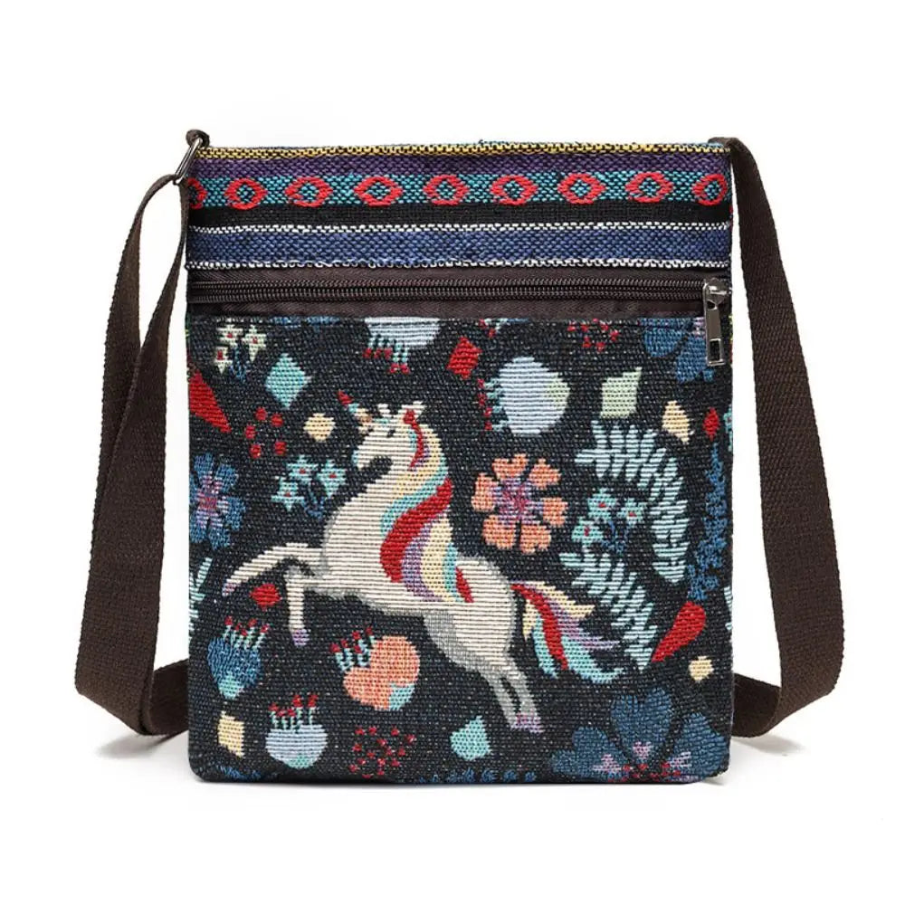 Women Square Small Canvas Embroidered Phone Shoulder Bag Retro Ethnic Style Travel Outdoor Messenger Crossbody Bag Handbags ﻿