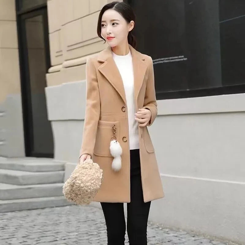 Manteau Long en Laine Femme – Col Tailleur, Coupe Ajustée, Style Automne-Hiver