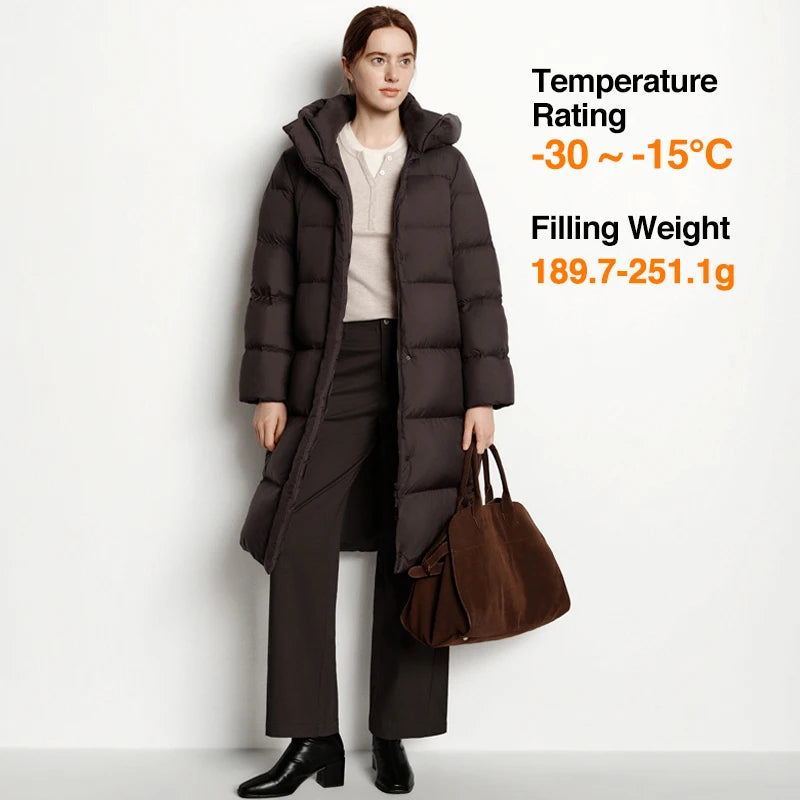 Doudoune Longue Femme Imperméable à Capuche – Duvet de Canard 90%, Coupe Ample, Hiver 2025