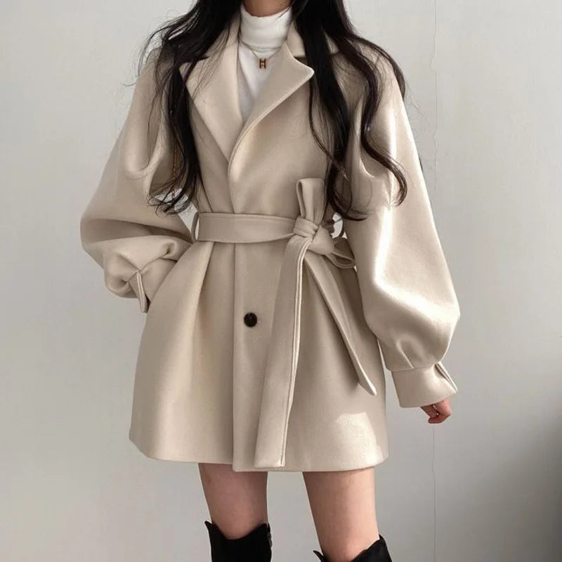 Manteau en Laine Femme – Veste Chic Manches Ballon, Col Tailleur & Laçage Vintage