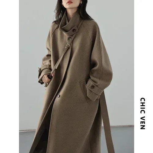 Long Manteau Trench en Laine Femme – Col Montant, Ceinture Lacets, Manches Raglan