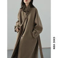 Long Manteau Trench en Laine Femme – Col Montant, Ceinture Lacets, Manches Raglan