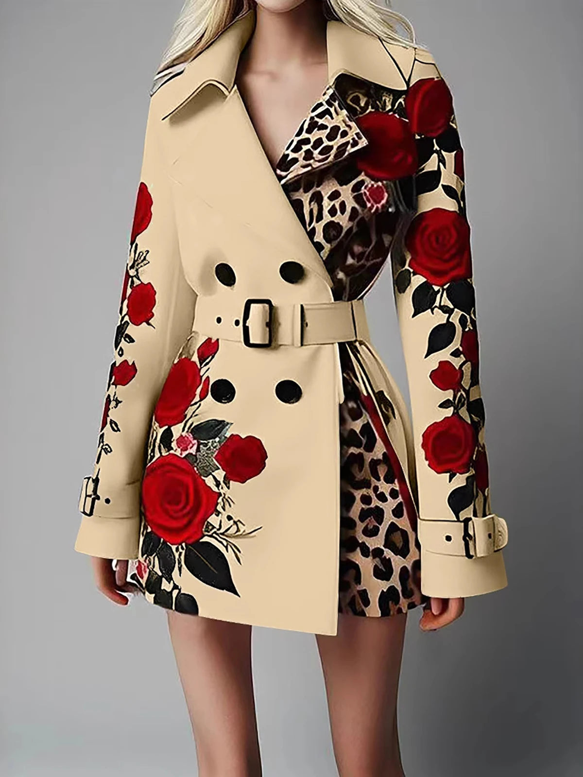 Women's Chic Trench Coat Red Rose Leopard Print Double Breasted Belted Lapel Long Sleeve Casual Outerwear Winter Female Jackets