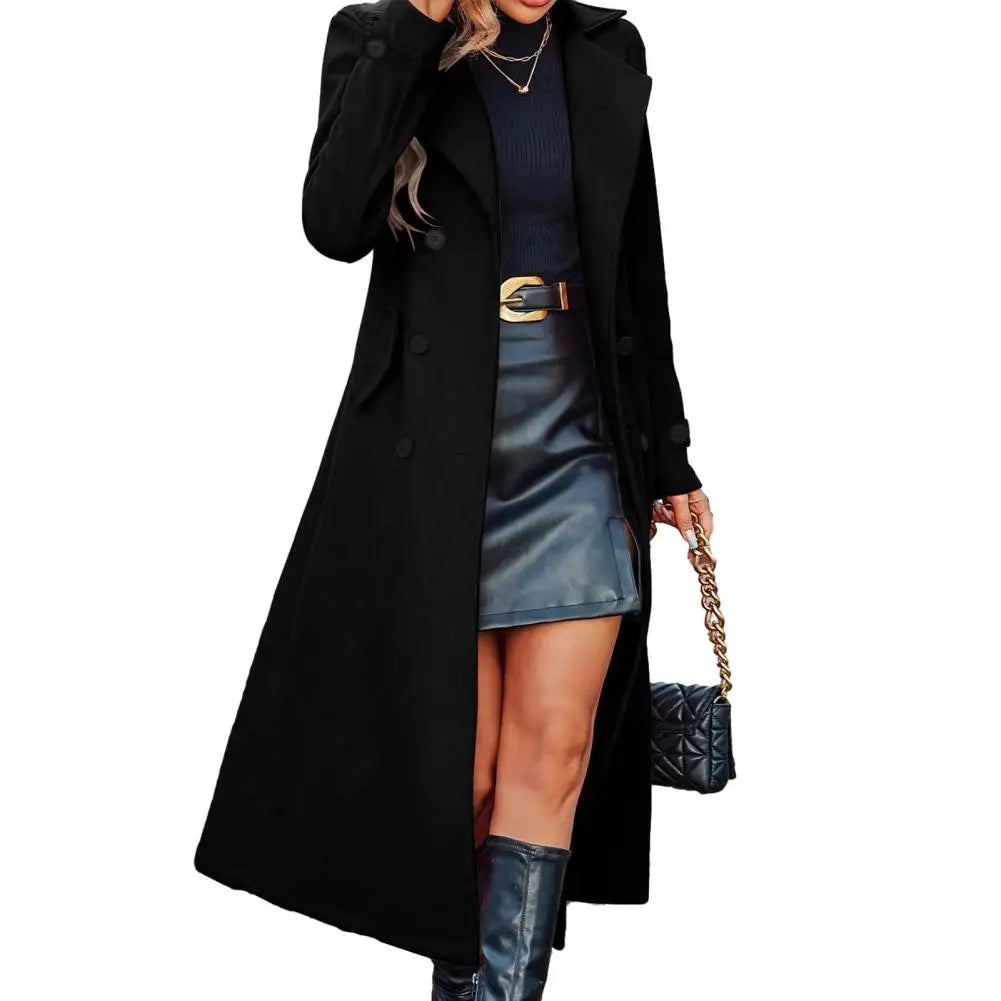 Manteau Long en Laine Femme – Double Boutonnage à Col Cranté, Coupe Cintrée Hiver