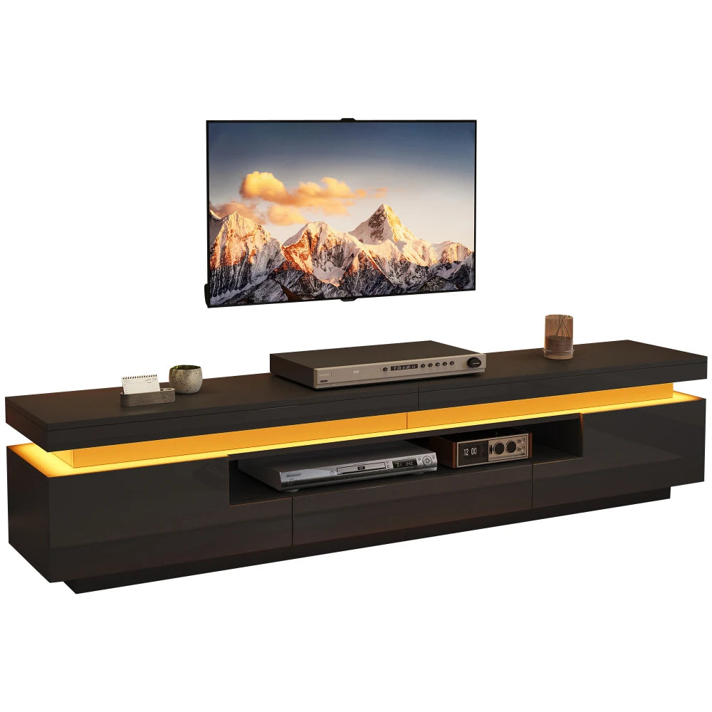Meuble TV Haute Brillance LED 175x38x45 cm – 2 Armoires + 1 Tiroir | TV 75" | Noir ou Blanc | Salon